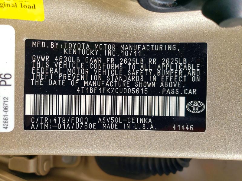 Aukcja sprzedaży 2012 Toyota Camry, vin: 4T1BF1FK7CU005615, numer aukcji: 55671446
