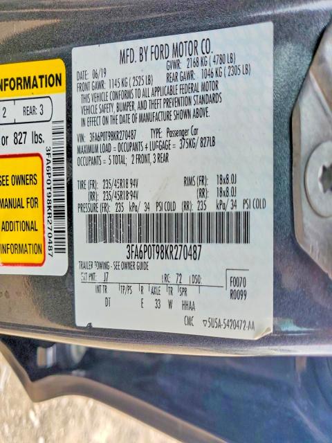 Продаж на аукціоні авто 2019 Ford Fusion, vin: 3FA6P0T98KR270487, номер лоту: 58990526