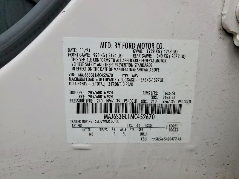 2021 Ford Ecosport მანქანა იყიდება აუქციონზე, vin: MAJ6S3GL1MC452670, აუქციონის ნომერი: 58589586