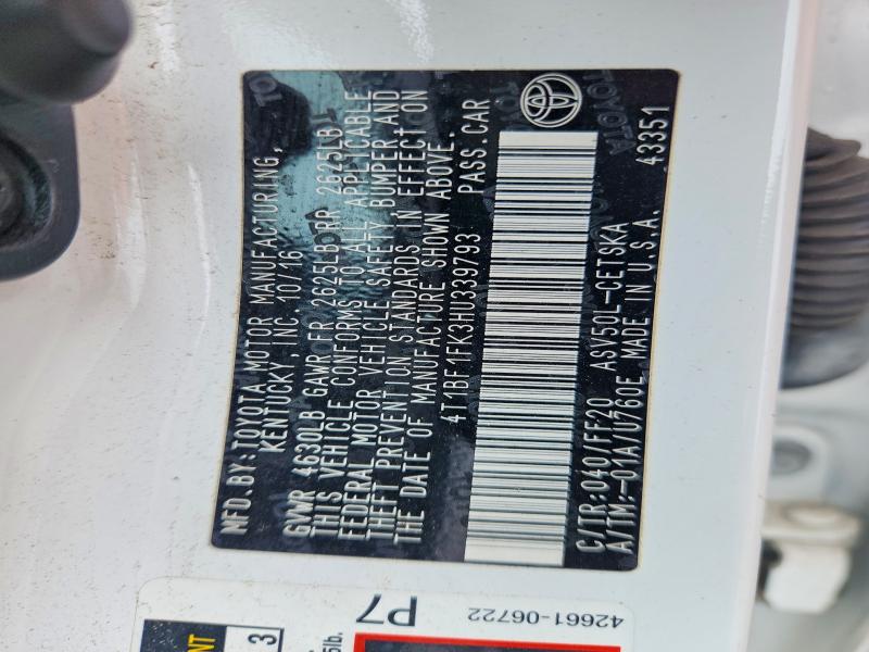 2017 Toyota Camry მანქანა იყიდება აუქციონზე, vin: 4T1BF1FK3HU339793, აუქციონის ნომერი: 58495316