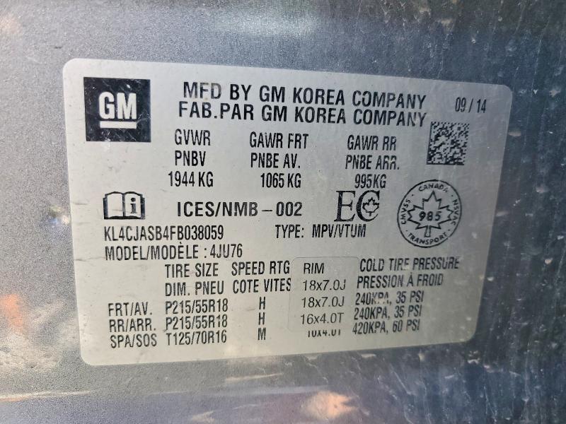 56855766 :رقم المزاد ، KL4CJASB4FB038059 vin ، 2015 Buick Encore مزاد بيع