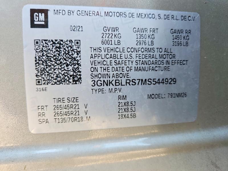 Aukcja sprzedaży 2021 Chevrolet Blazer, vin: 3GNKBLRS7MS544929, numer aukcji: 55586916