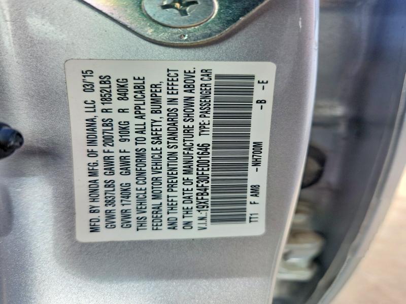 2015 Honda Civic მანქანა იყიდება აუქციონზე, vin: 19XFB4F30FE001646, აუქციონის ნომერი: 57739386
