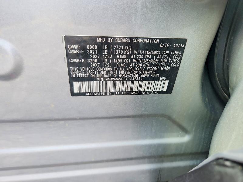 2019 Subaru Ascent მანქანა იყიდება აუქციონზე, vin: 4S4WMAMD8K3432561, აუქციონის ნომერი: 56956806