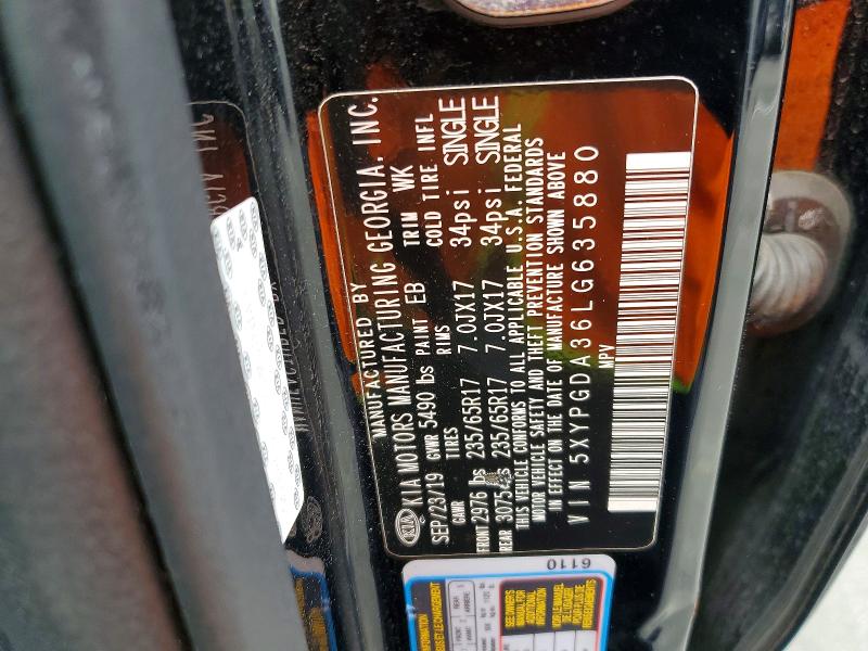 57458456 :رقم المزاد ، 5XYPGDA36LG635880 vin ، 2020 Kia Sorento مزاد بيع