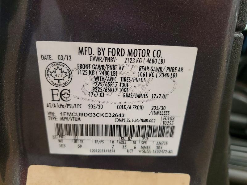 55505756 :رقم المزاد ، 1FMCU9DG3CKC32643 vin ، 2012 Ford Escape مزاد بيع