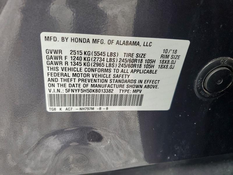 Продажа на аукционе авто 2019 Honda Pilot, vin: 5FNYF5H50KB013382, номер лота: 55728996