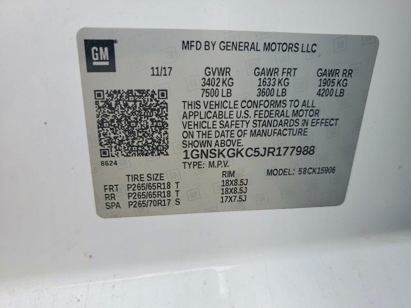 58251456 :رقم المزاد ، 1GNSKGKC5JR177988 vin ، 2018 Chevrolet Suburban مزاد بيع
