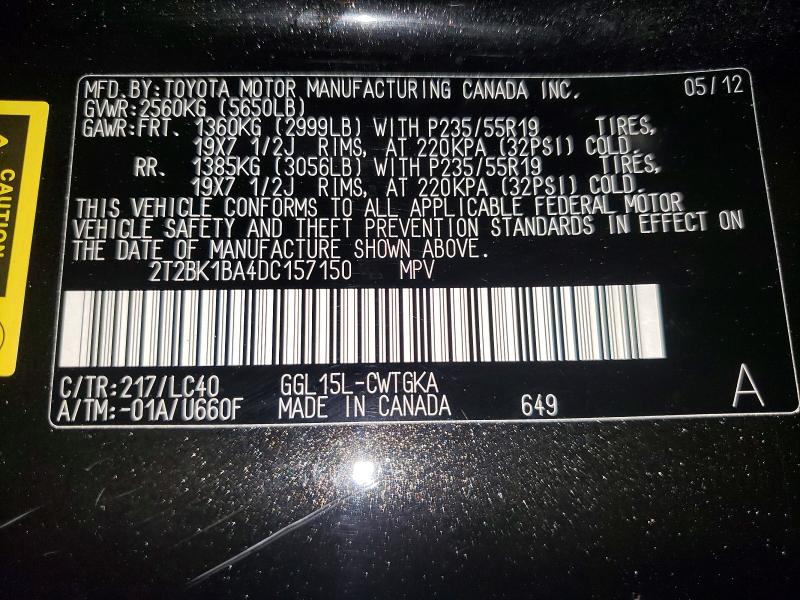 58441136 :رقم المزاد ، 2T2BK1BA4DC157150 vin ، 2013 Lexus Rx 350 مزاد بيع