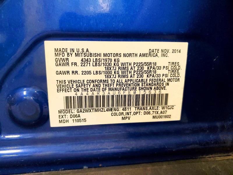 2015 Mitsubishi Outlander Sport მანქანა იყიდება აუქციონზე, vin: 4A4AR3AU6FE015636, აუქციონის ნომერი: 56141256