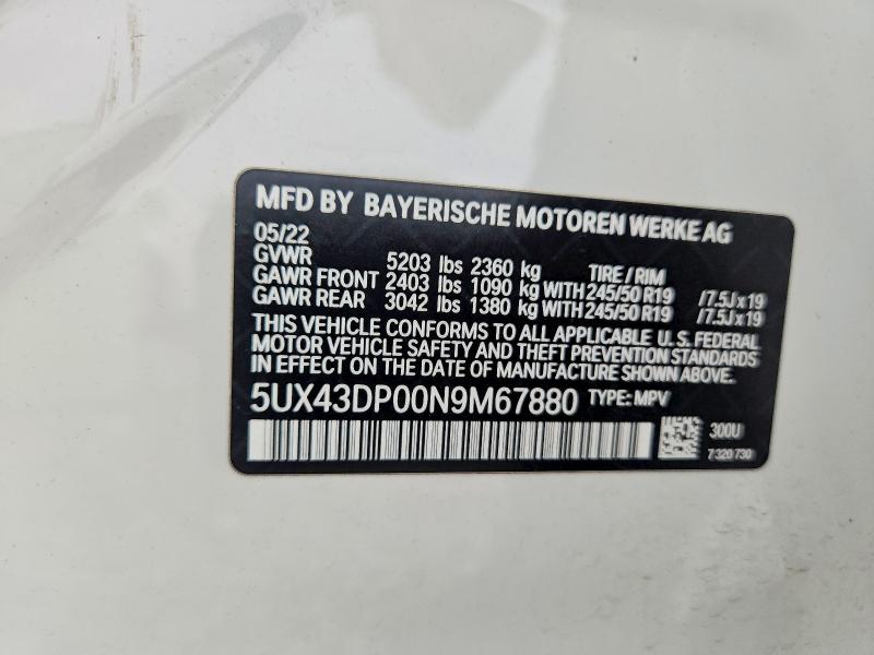 Aukcja sprzedaży 2022 Bmw X3, vin: 5UX43DP00N9M67880, numer aukcji: 57500536