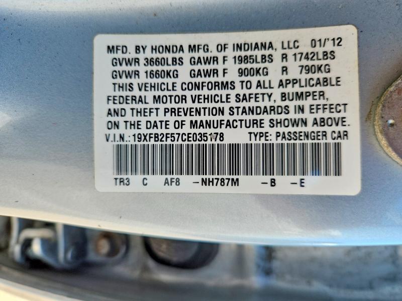 Продажа на аукционе авто 2012 Honda Civic, vin: 19XFB2F57CE035178, номер лота: 57881666