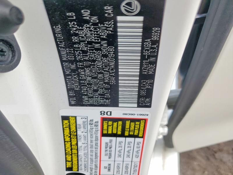 58372536 :رقم المزاد ، 58AFA1C14NU019480 vin ، 2022 Lexus Es 300h مزاد بيع