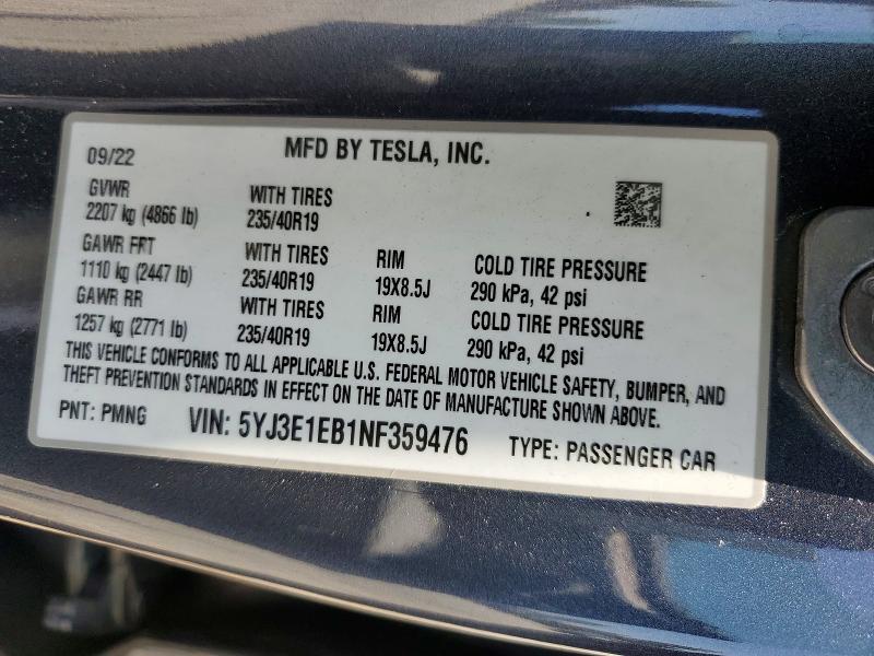 Aukcja sprzedaży 2022 Tesla Model 3, vin: 5YJ3E1EB1NF359476, numer aukcji: 57228886