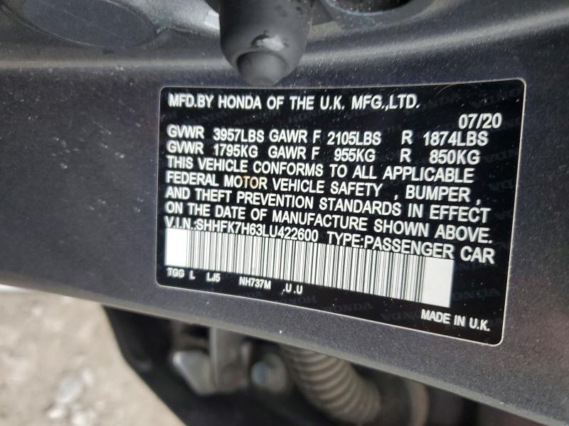 58284446 :رقم المزاد ، SHHFK7H63LU422600 vin ، 2020 Honda Civic مزاد بيع