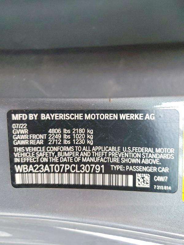 57725526 :رقم المزاد ، WBA23AT07PCL30791 vin ، 2023 Bmw 430i مزاد بيع