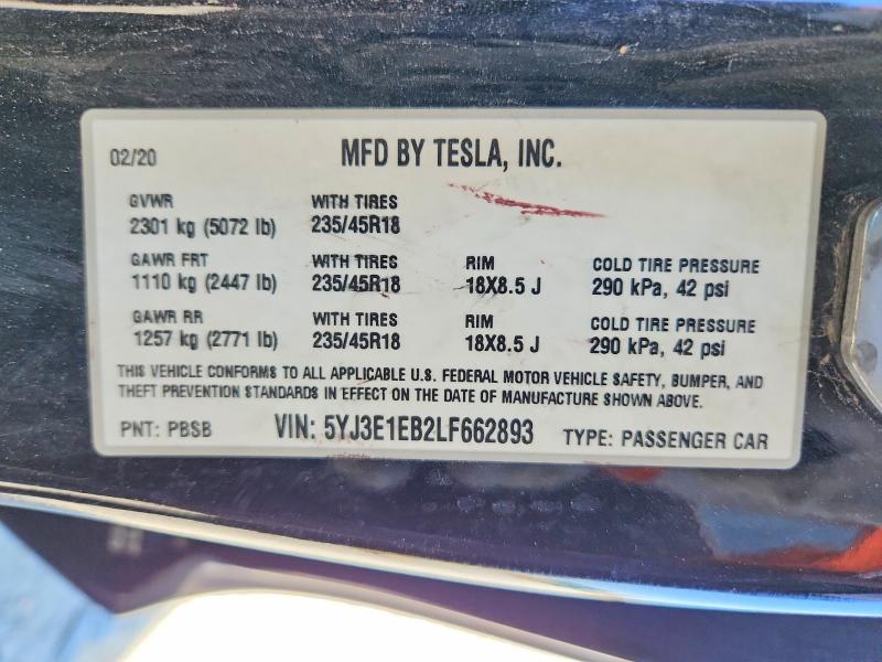 Продаж на аукціоні авто 2020 Tesla Model 3, vin: 5YJ3E1EB2LF662893, номер лоту: 57673396