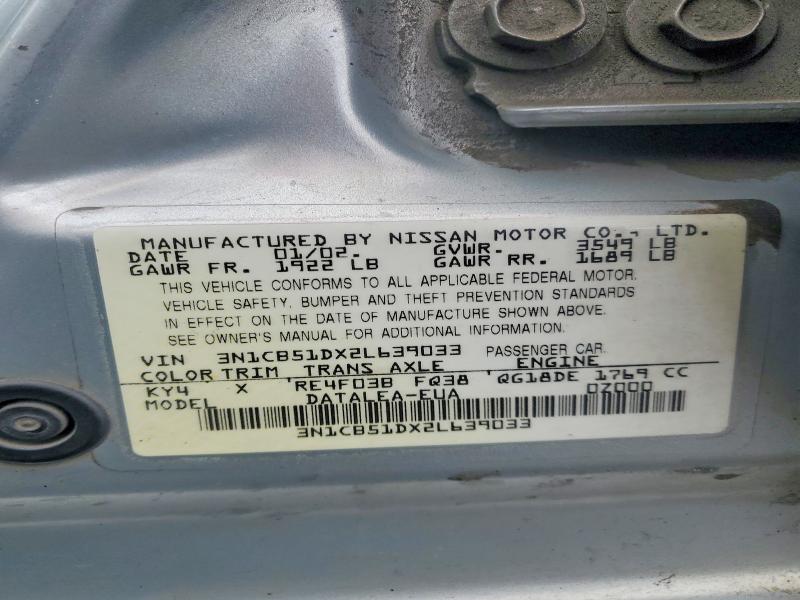 2002 Nissan Sentra მანქანა იყიდება აუქციონზე, vin: 3N1CB51DX2L639033, აუქციონის ნომერი: 56787726