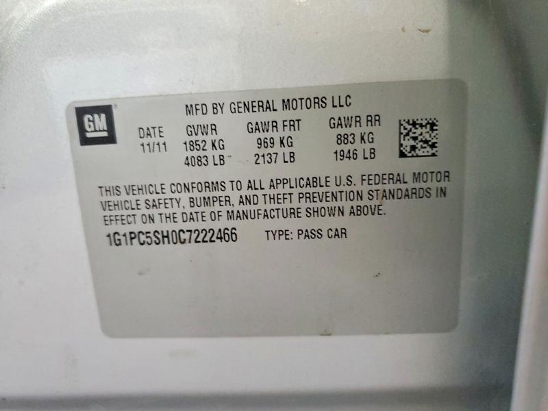 2012 Chevrolet Cruze მანქანა იყიდება აუქციონზე, vin: 1G1PC5SH0C7222466, აუქციონის ნომერი: 58960626