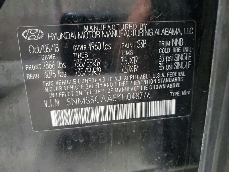 57116386 :رقم المزاد ، 5NMS5CAA5KH048776 vin ، 2019 Hyundai Santa Fe مزاد بيع