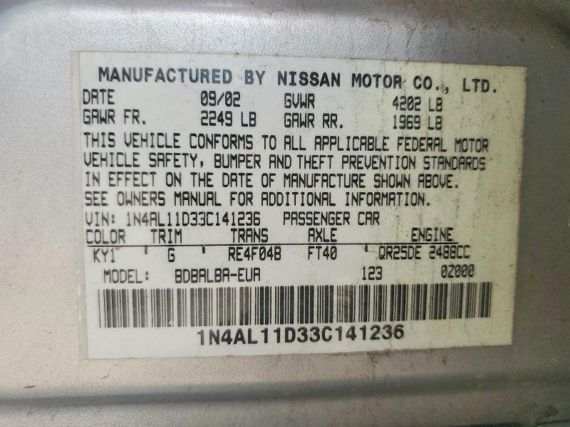 58050276 :رقم المزاد ، 1N4AL11D33C141236 vin ، 2003 Nissan Altima مزاد بيع