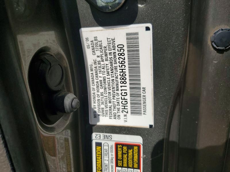 56106246 :رقم المزاد ، 2HGFG11886H562850 vin ، 2006 Honda Civic مزاد بيع