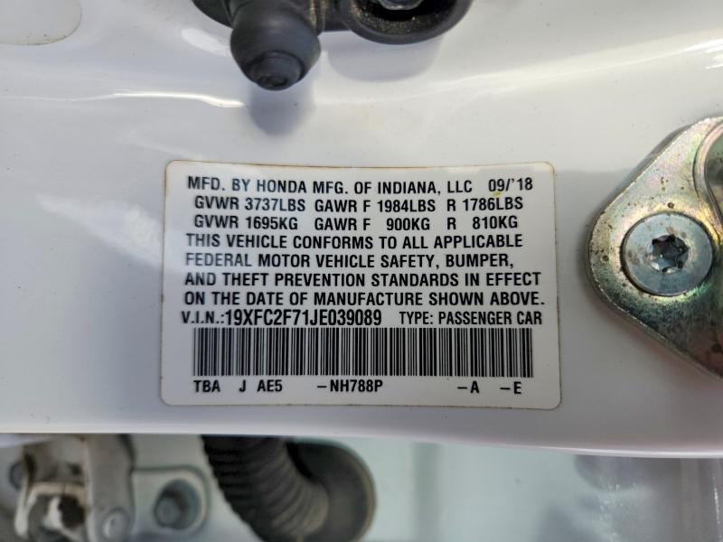 Продаж на аукціоні авто 2018 Honda Civic, vin: 19XFC2F71JE039089, номер лоту: 56290246