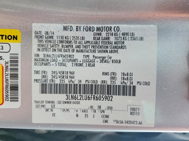58659446 :رقم المزاد ، 3LN6L2LU6FR605902 vin ، 2015 Lincoln Mkz مزاد بيع