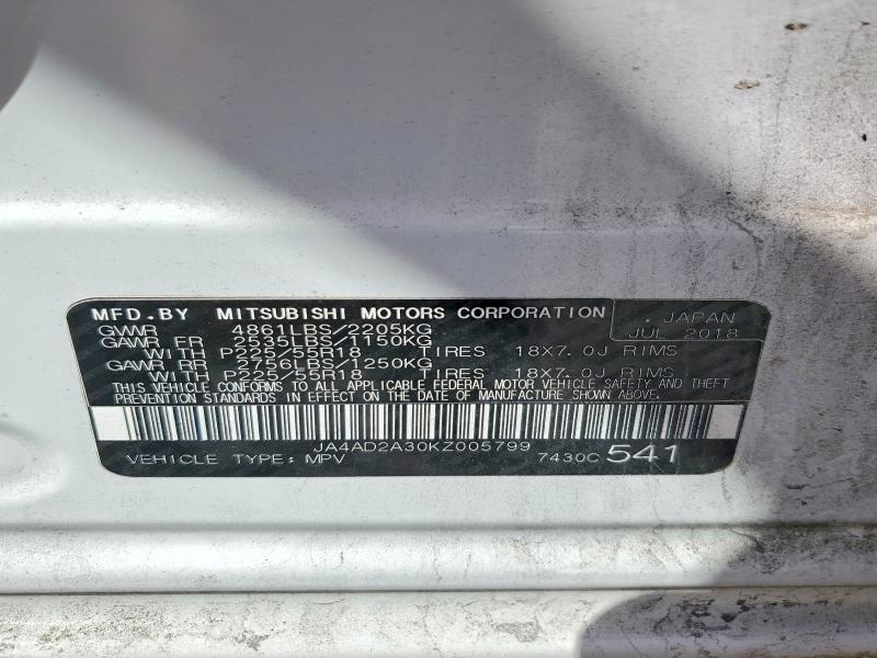 2019 Mitsubishi Outlander მანქანა იყიდება აუქციონზე, vin: JA4AD2A30KZ005799, აუქციონის ნომერი: 58286556