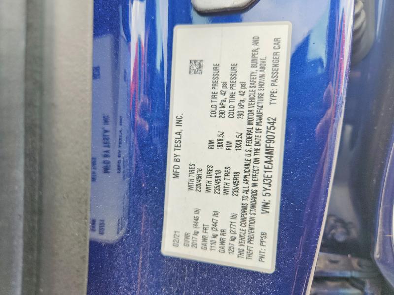Продажа на аукционе авто 2021 Tesla Model 3, vin: 5YJ3E1EA4MF907542, номер лота: 58357046