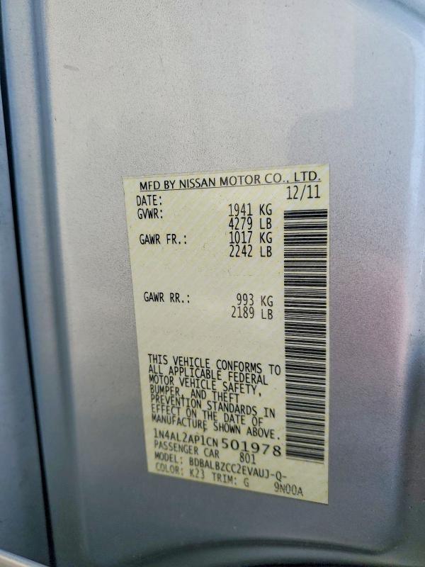 2012 Nissan Altima მანქანა იყიდება აუქციონზე, vin: 1N4AL2AP1CN501978, აუქციონის ნომერი: 55566176