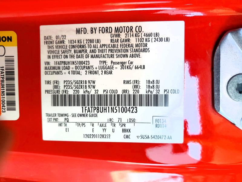 56192526 :رقم المزاد ، 1FATP8UH1N5100423 vin ، 2022 Ford Mustang مزاد بيع