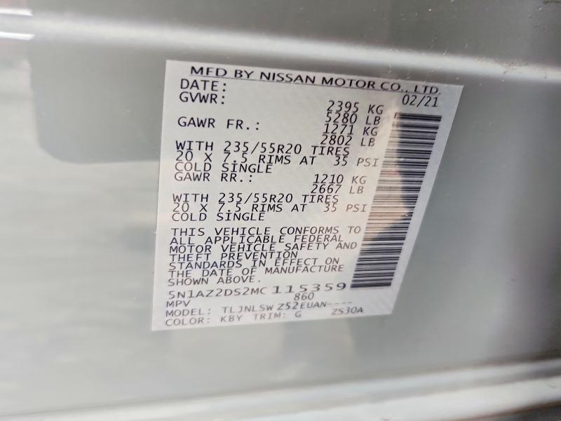 2021 Nissan Murano მანქანა იყიდება აუქციონზე, vin: 5N1AZ2DS2MC115359, აუქციონის ნომერი: 57537226