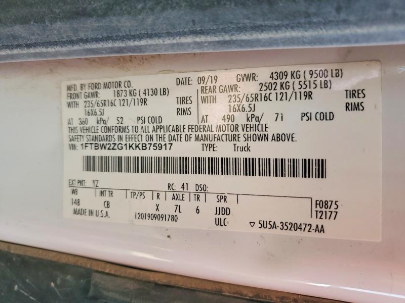 58225696 :رقم المزاد ، 1FTBW2ZG1KKB75917 vin ، 2019 Ford Transit مزاد بيع