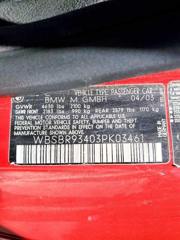 2003 Bmw M3 მანქანა იყიდება აუქციონზე, vin: WBSBR93403PK03461, აუქციონის ნომერი: 57659456