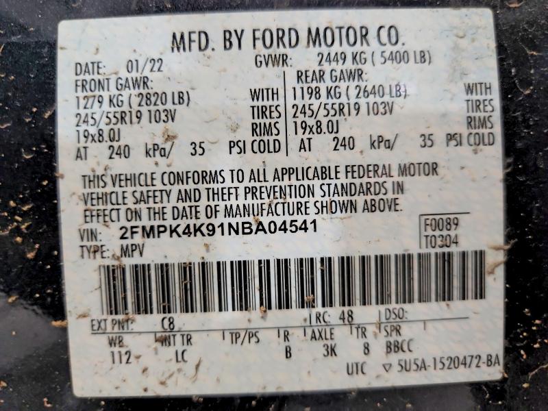 Продаж на аукціоні авто 2022 Ford Edge, vin: 2FMPK4K91NBA04541, номер лоту: 59055146