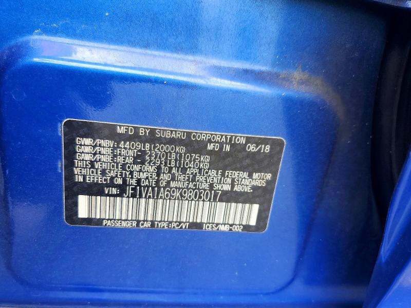 Aukcja sprzedaży 2019 Subaru Wrx, vin: JF1VA1A69K9803017, numer aukcji: 55754376