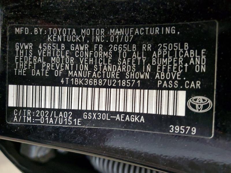 59577906 :رقم المزاد ، 4T1BK36B87U218571 vin ، 2007 Toyota Avalon مزاد بيع
