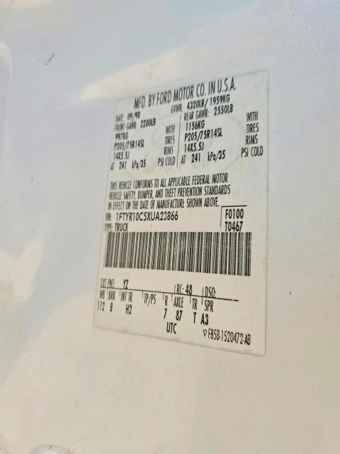 1999 Ford Ranger მანქანა იყიდება აუქციონზე, vin: 1FTYR10C5XUA23866, აუქციონის ნომერი: 55623716