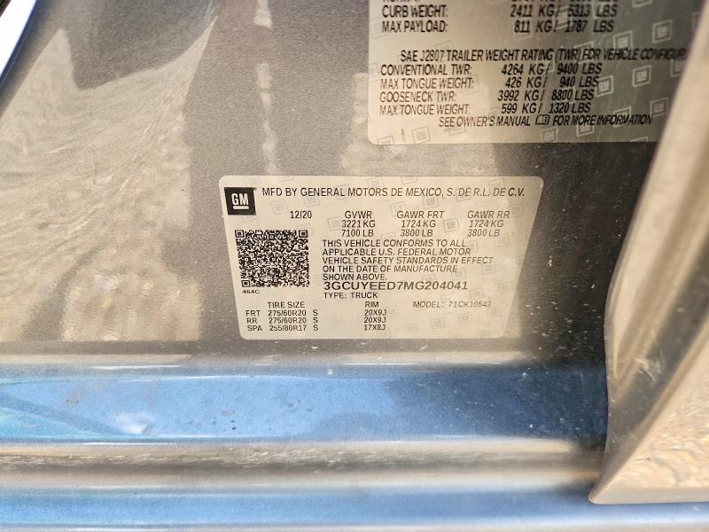 Aukcja sprzedaży 2021 Chevrolet Silverado, vin: 3GCUYEED7MG204041, numer aukcji: 57008526