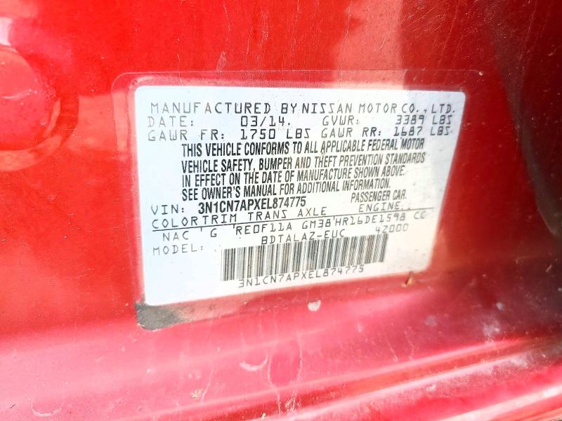 57863556 :رقم المزاد ، 3N1CN7APXEL874775 vin ، 2014 Nissan Versa مزاد بيع