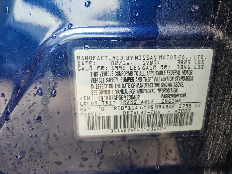 58748486 :رقم المزاد ، 3N1AB7AP6GY236402 vin ، 2016 Nissan Sentra مزاد بيع