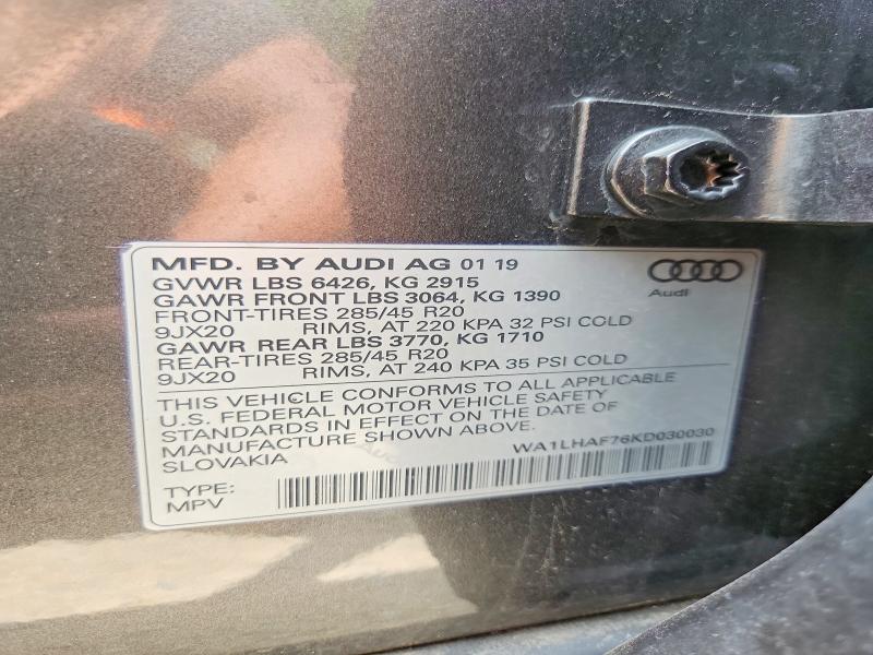57082536 :رقم المزاد ، WA1LHAF76KD030030 vin ، 2019 Audi Q7 مزاد بيع