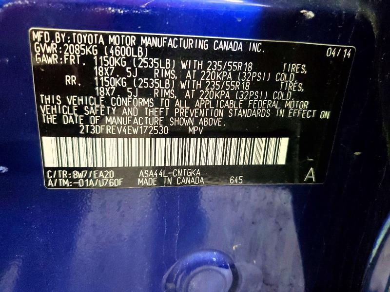 56675036 :رقم المزاد ، 2T3DFREV4EW172530 vin ، 2014 Toyota Rav4 مزاد بيع