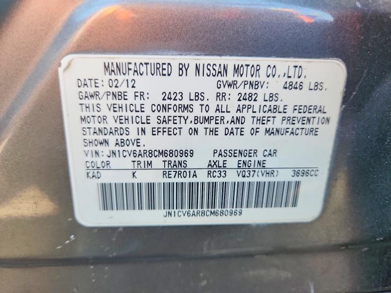 57002926 :رقم المزاد ، JN1CV6AR8CM680969 vin ، 2012 Infiniti G37 Sedan مزاد بيع