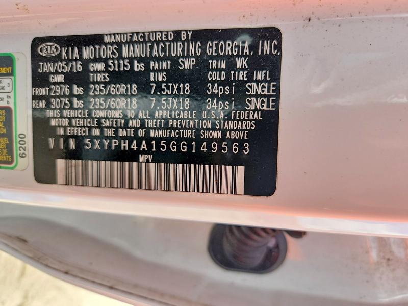 2016 Kia Sorento მანქანა იყიდება აუქციონზე, vin: 5XYPH4A15GG149563, აუქციონის ნომერი: 58396216
