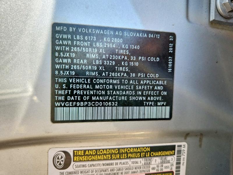 2012 Volkswagen Touareg მანქანა იყიდება აუქციონზე, vin: WVGEF9BP3CD010632, აუქციონის ნომერი: 57697666