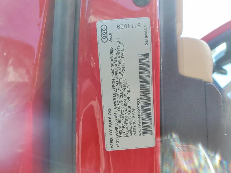 58369366 :رقم المزاد ، WAUDAAF44NN007068 vin ، 2022 Audi A4 مزاد بيع