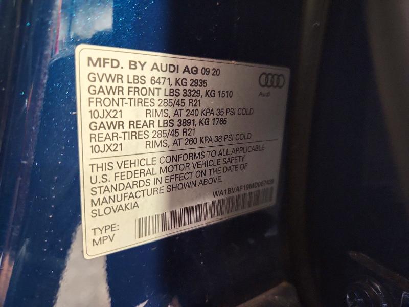 Aukcja sprzedaży 2021 Audi Q8, vin: WA1BVAF19MD007439, numer aukcji: 57327286
