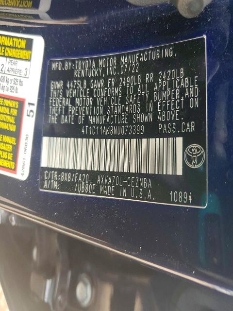 2022 Toyota Camry მანქანა იყიდება აუქციონზე, vin: 4T1C11AK8NU073399, აუქციონის ნომერი: 58996756